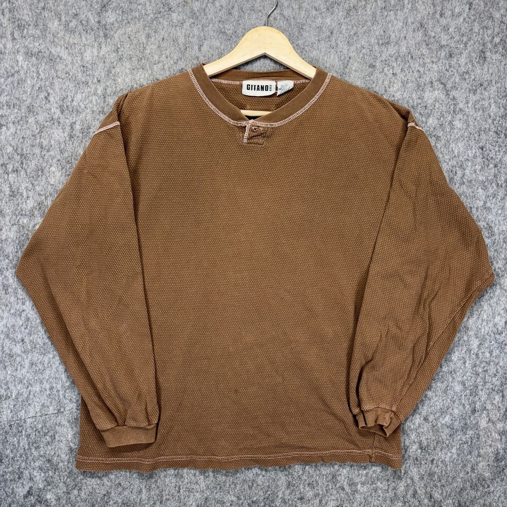 Vintage Gitano Thermal Henley‎ Shirt Men's Small Brown Long Sleeve Cotton 90s